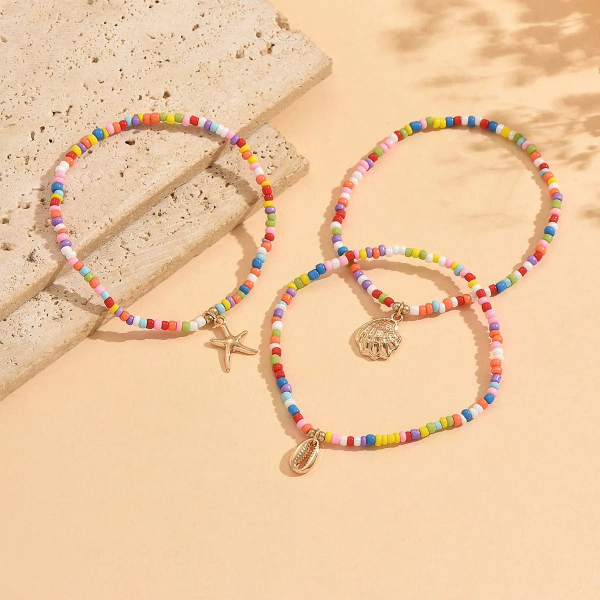 Lot de 3 Bracelets Cheville Femme Perles Colorées