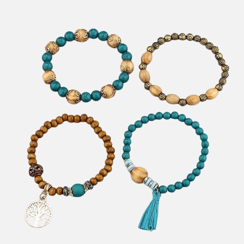 Lot 4 Bracelets Bois Femme Arbre De Vie Doré
