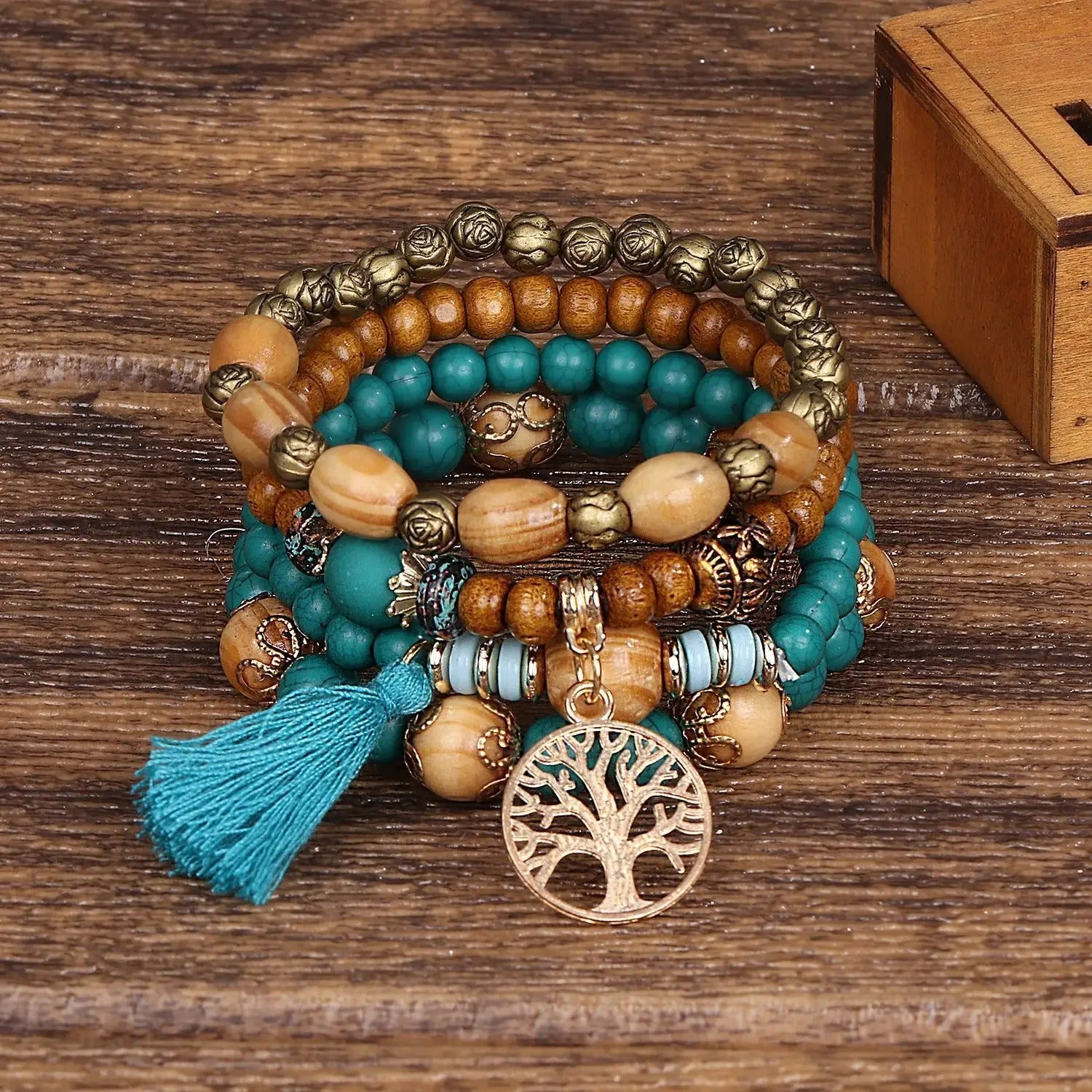 Lot 4 Bracelets Bois Femme Arbre De Vie Doré