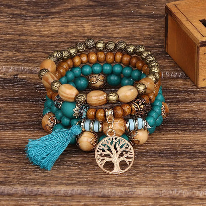 Lot 4 Bracelets Bois Femme Arbre De Vie Doré