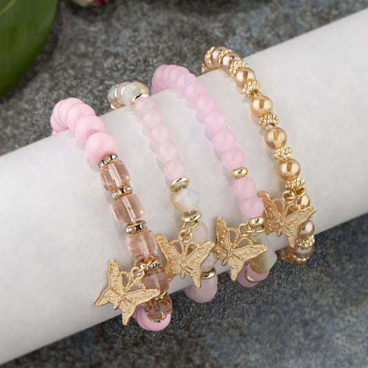 Lot de 4 Bracelets Papillon Roses à Perles
