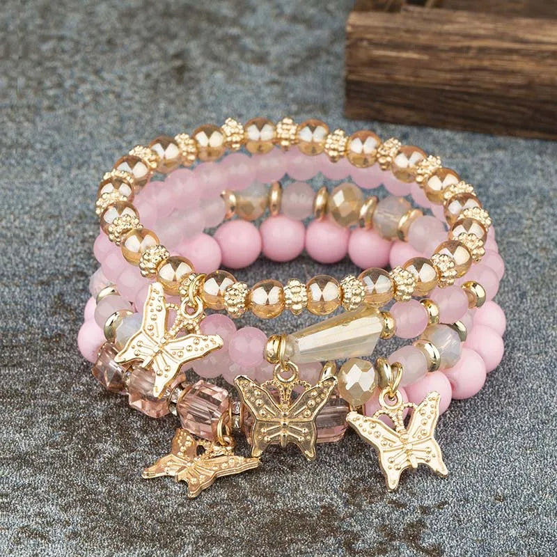 Lot de 4 Bracelets Papillon Roses à Perles