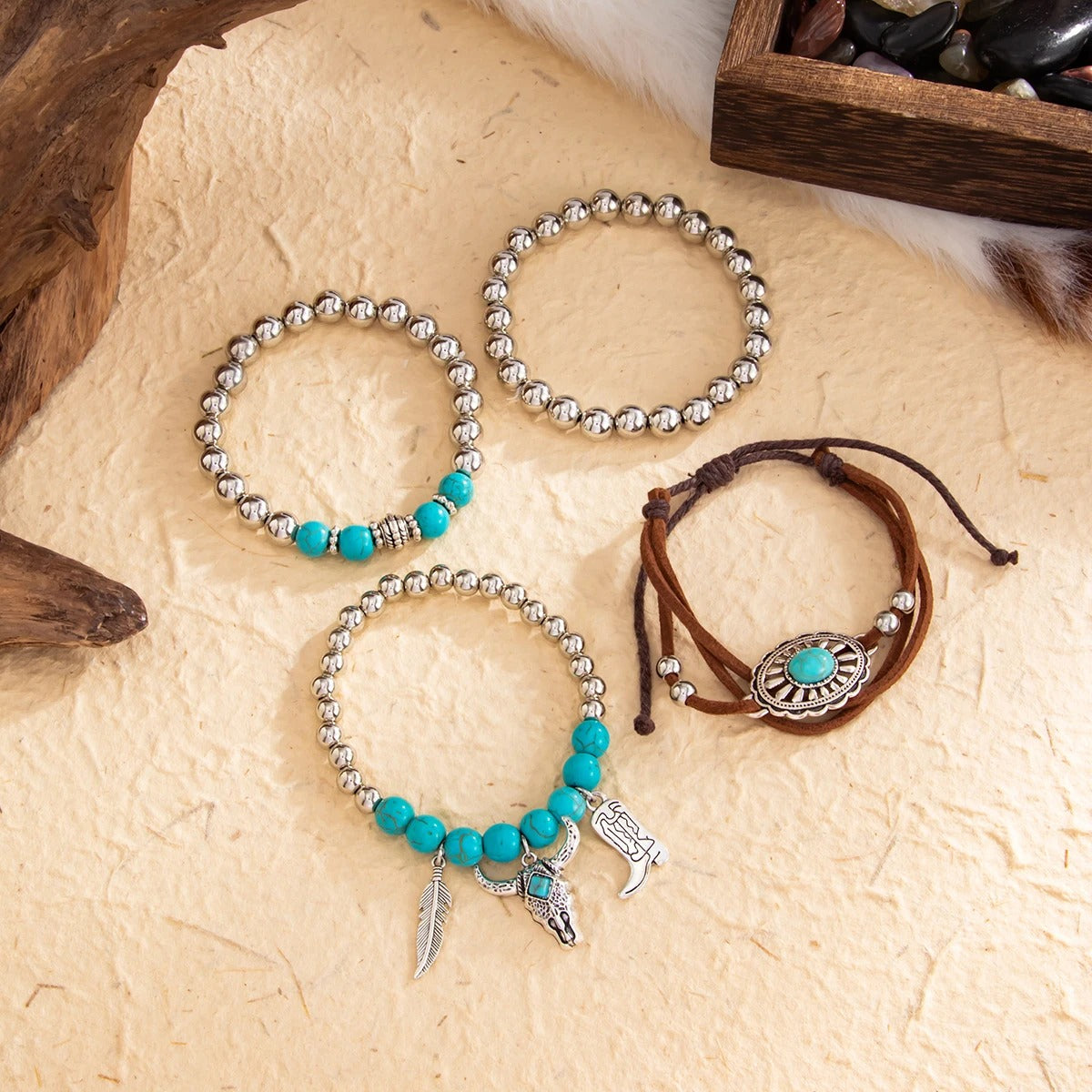 Lot De 4 Bracelets Turquoise Femme Esprit Western