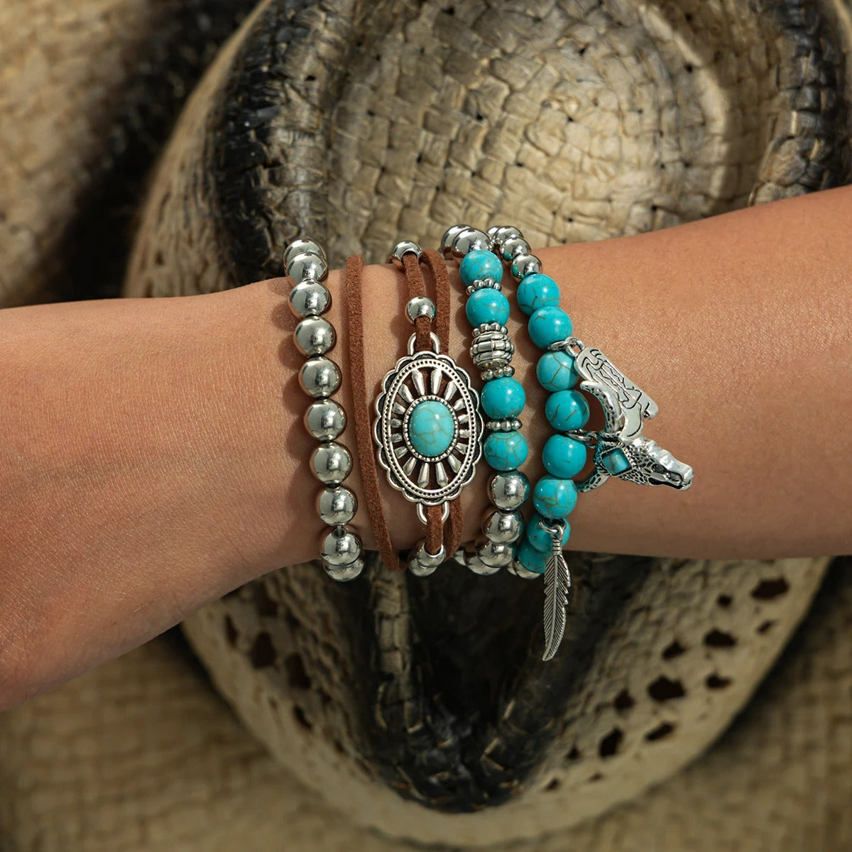 Lot De 4 Bracelets Turquoise Femme Esprit Western
