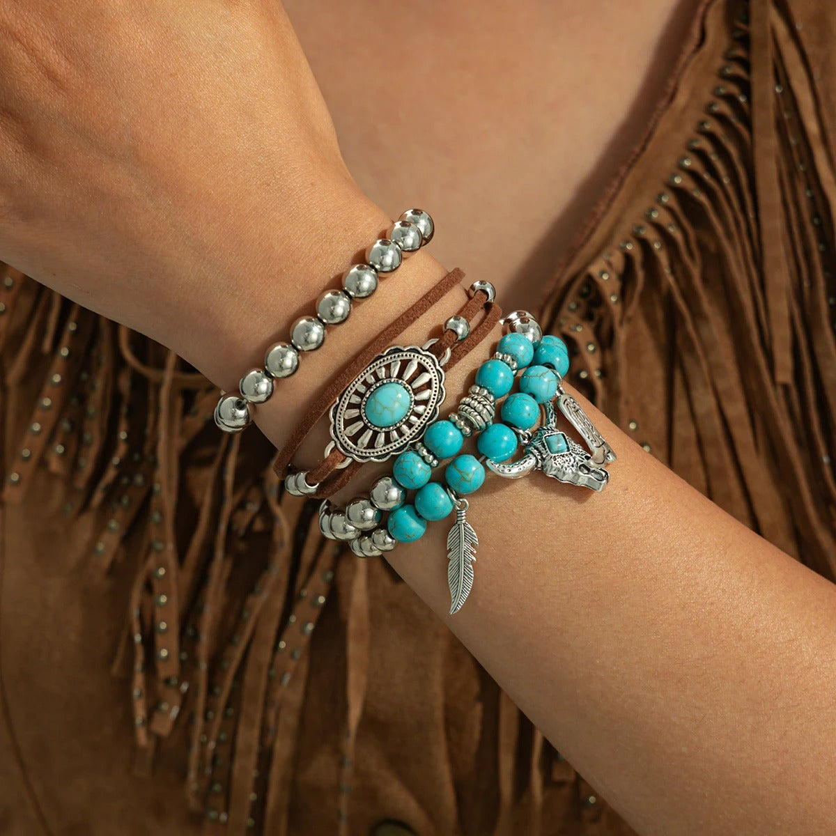 Lot De 4 Bracelets Turquoise Femme Esprit Western