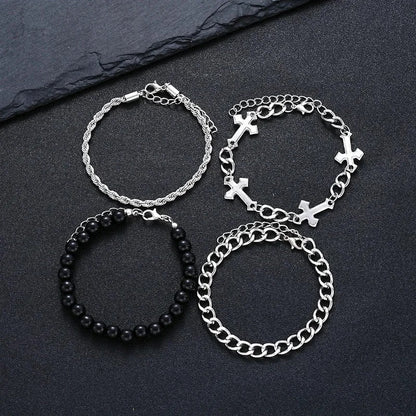 Lot 4 Pièces Bracelet Chaine Homme Argenté Et Perles Noires