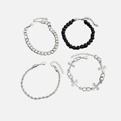 Lot 4 Pièces Bracelet Chaine Homme Argenté Et Perles Noires