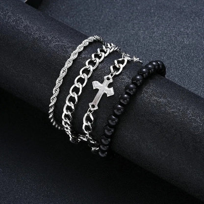 Lot 4 Pièces Bracelet Chaine Homme Argenté Et Perles Noires