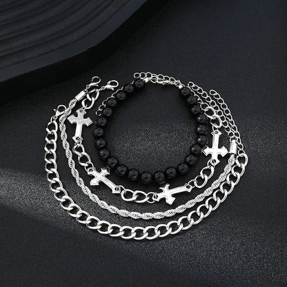 Lot 4 Pièces Bracelet Chaine Homme Argenté Et Perles Noires