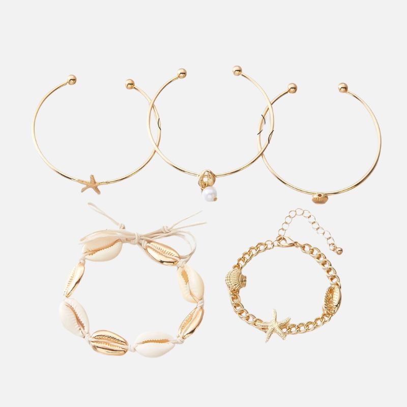 Lot 5 Bracelet Coquillage Femme Doré Cauri Étoile De Mer