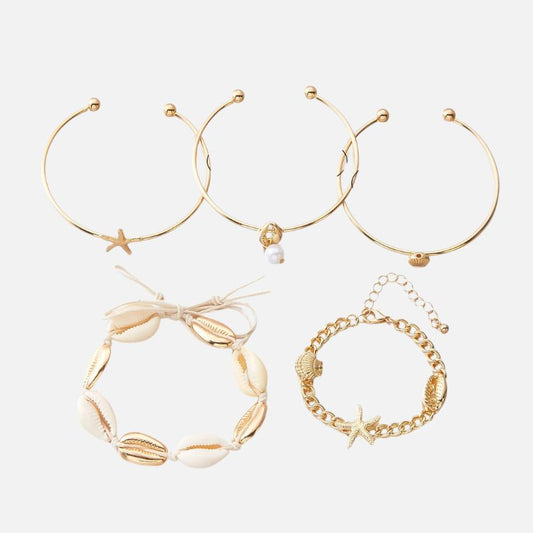Lot 5 Bracelet Coquillage Femme Doré Cauri Étoile De Mer