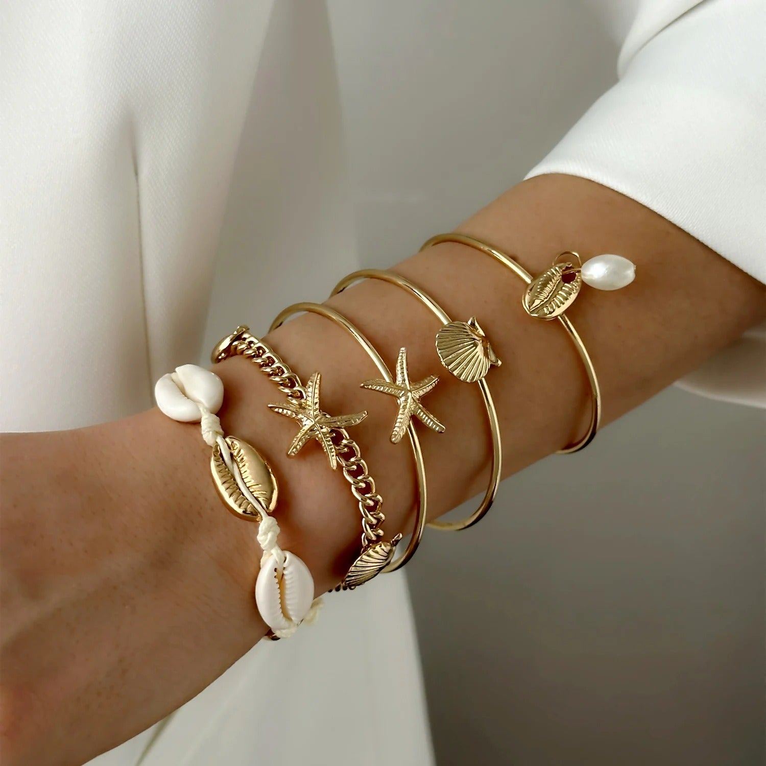 Lot 5 Bracelet Coquillage Femme Doré Cauri Étoile De Mer