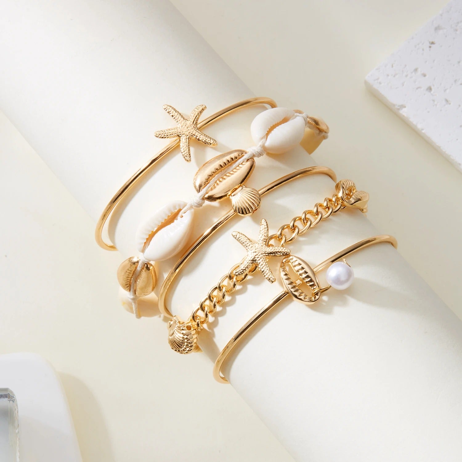 Lot 5 Bracelet Coquillage Femme Doré Cauri Étoile De Mer
