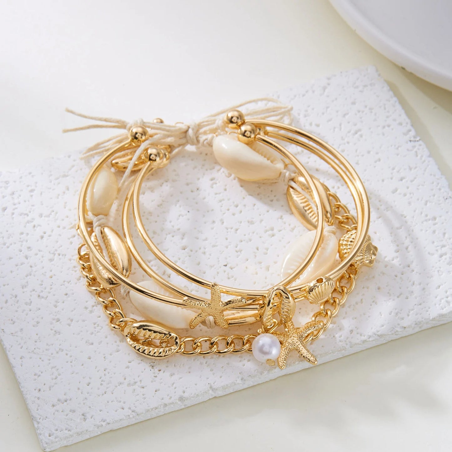 Lot 5 Bracelet Coquillage Femme Doré Cauri Étoile De Mer