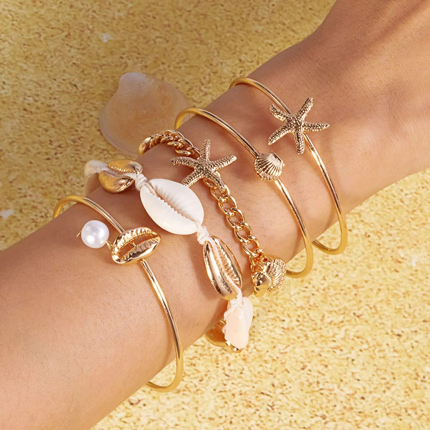 Lot 5 Bracelet Coquillage Femme Doré Cauri Étoile De Mer