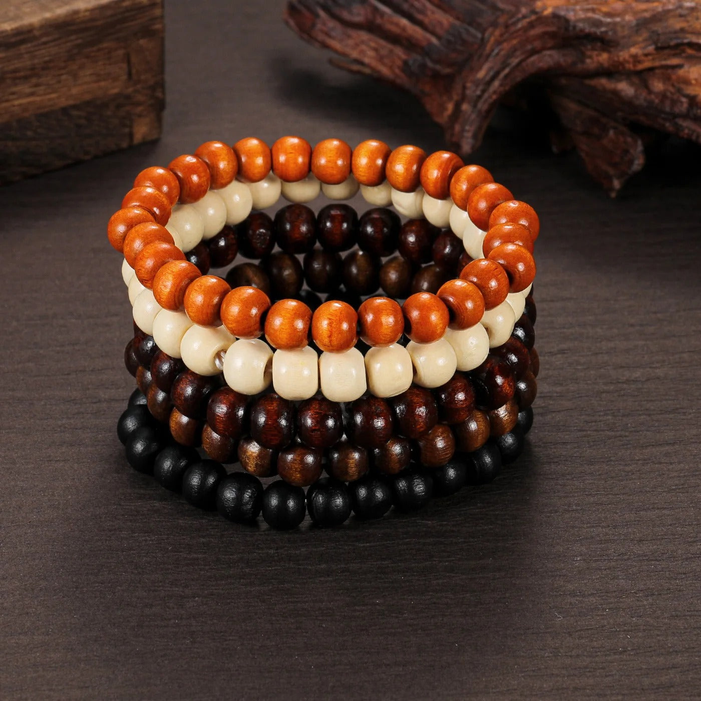 Lot 5 Bracelet Homme Perle Bois Naturel
