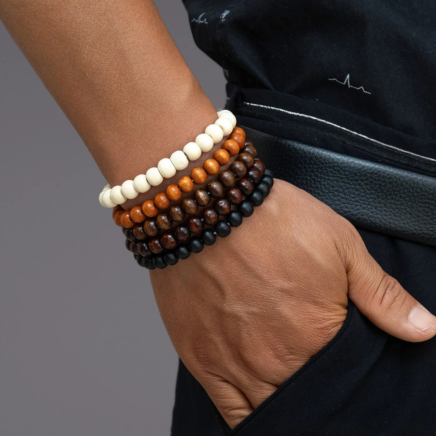 Lot 5 Bracelet Homme Perle Bois Naturel