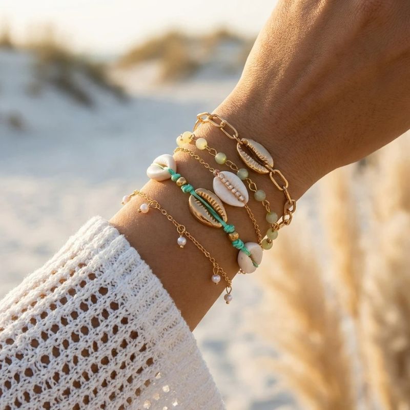 Lot 5 Bracelets Coquillage Femme Cauri Cordon Vert