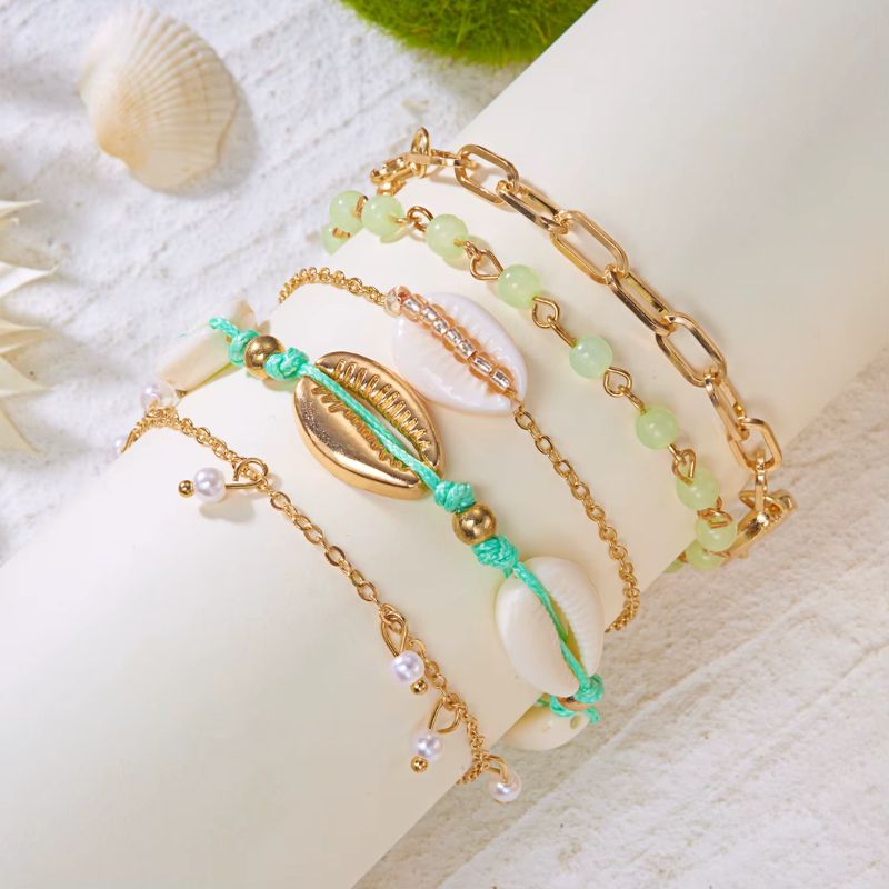 Lot 5 Bracelets Coquillage Femme Cauri Cordon Vert