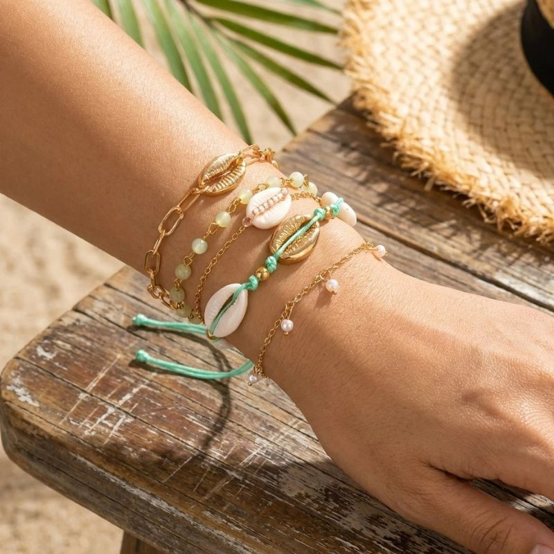Lot 5 Bracelets Coquillage Femme Cauri Cordon Vert