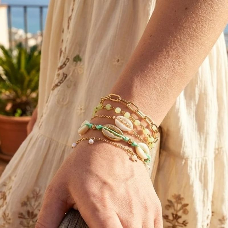 Lot 5 Bracelets Coquillage Femme Cauri Cordon Vert