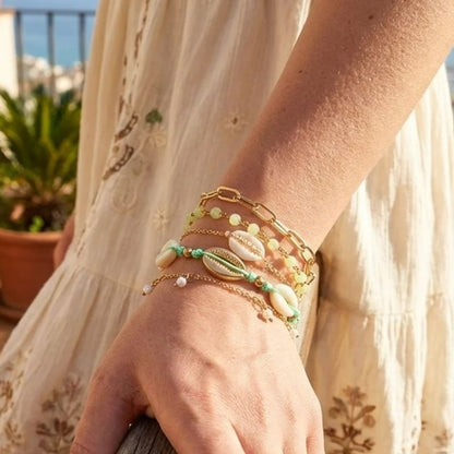Lot 5 Bracelets Coquillage Femme Cauri Cordon Vert