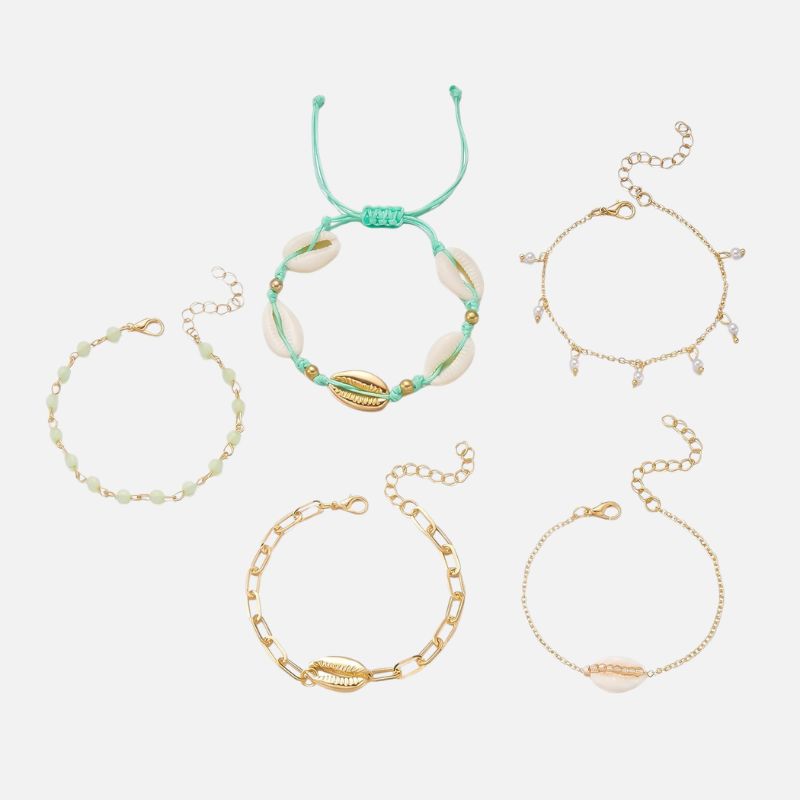 Lot 5 Bracelets Coquillage Femme Cauri Cordon Vert