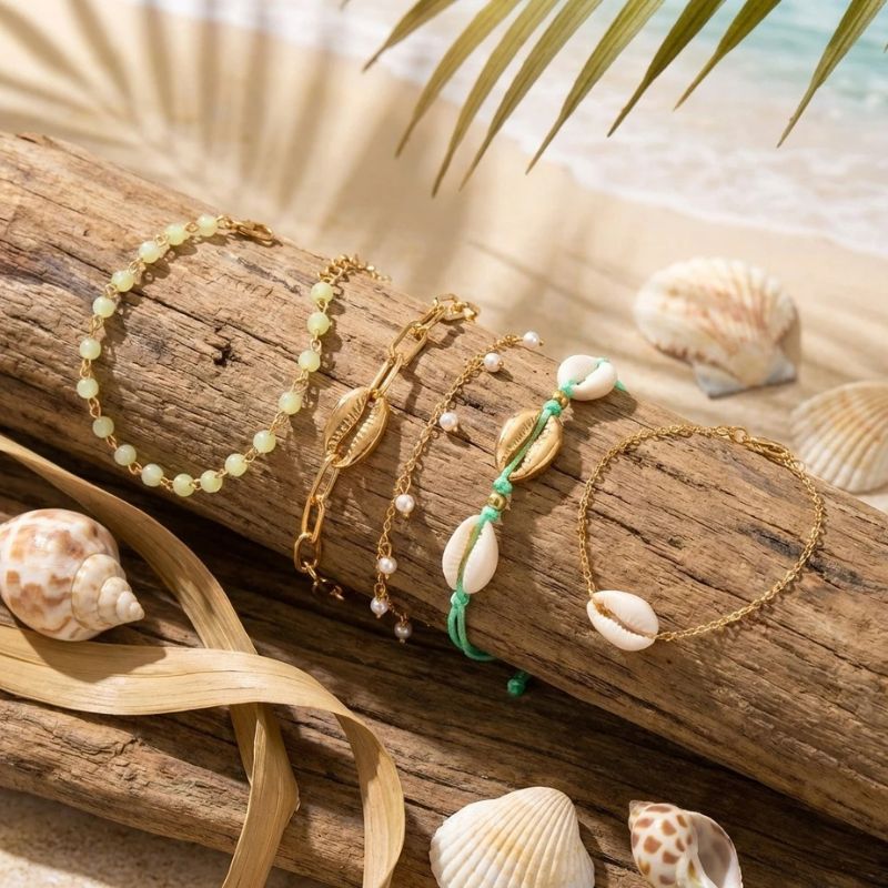 Lot 5 Bracelets Coquillage Femme Cauri Cordon Vert
