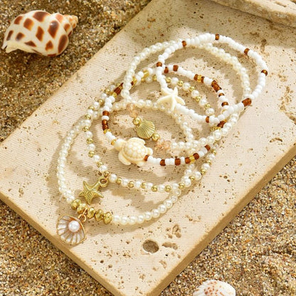 Lot 5 Bracelets Coquillage Femme Tortue Perle Blanche