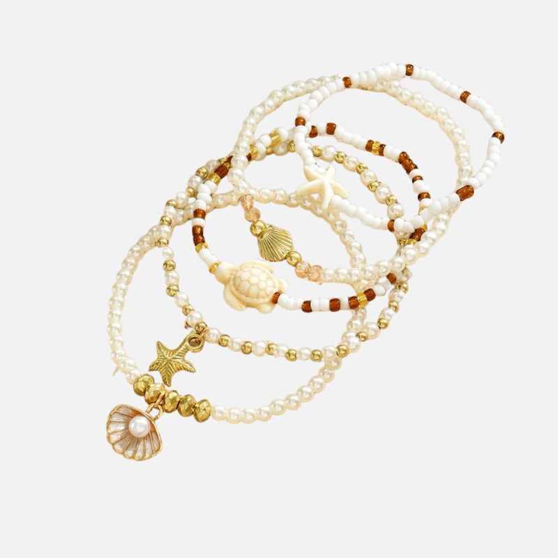 Lot 5 Bracelets Coquillage Femme Tortue Perle Blanche