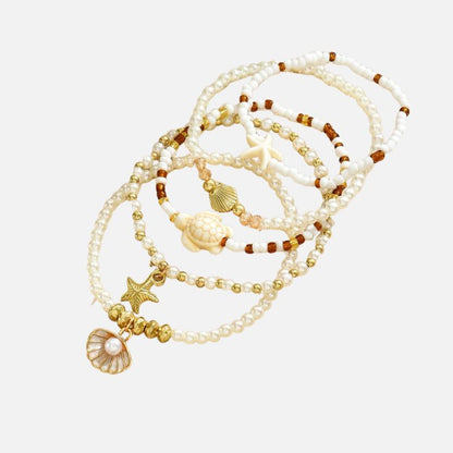 Lot 5 Bracelets Coquillage Femme Tortue Perle Blanche