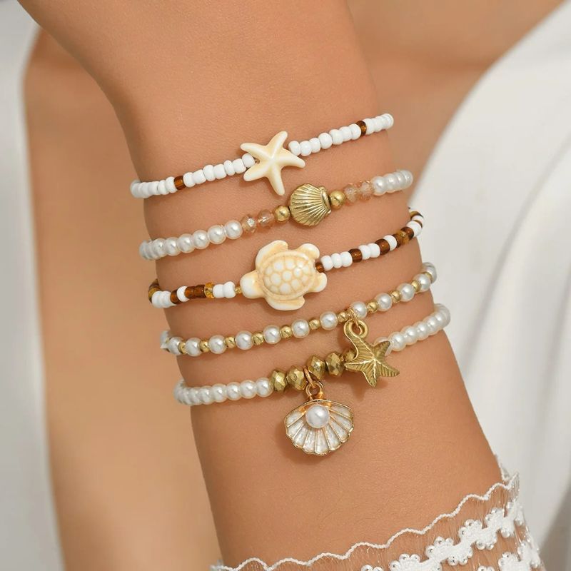 Lot 5 Bracelets Coquillage Femme Tortue Perle Blanche