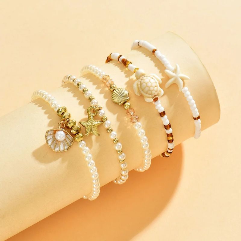 Lot 5 Bracelets Coquillage Femme Tortue Perle Blanche