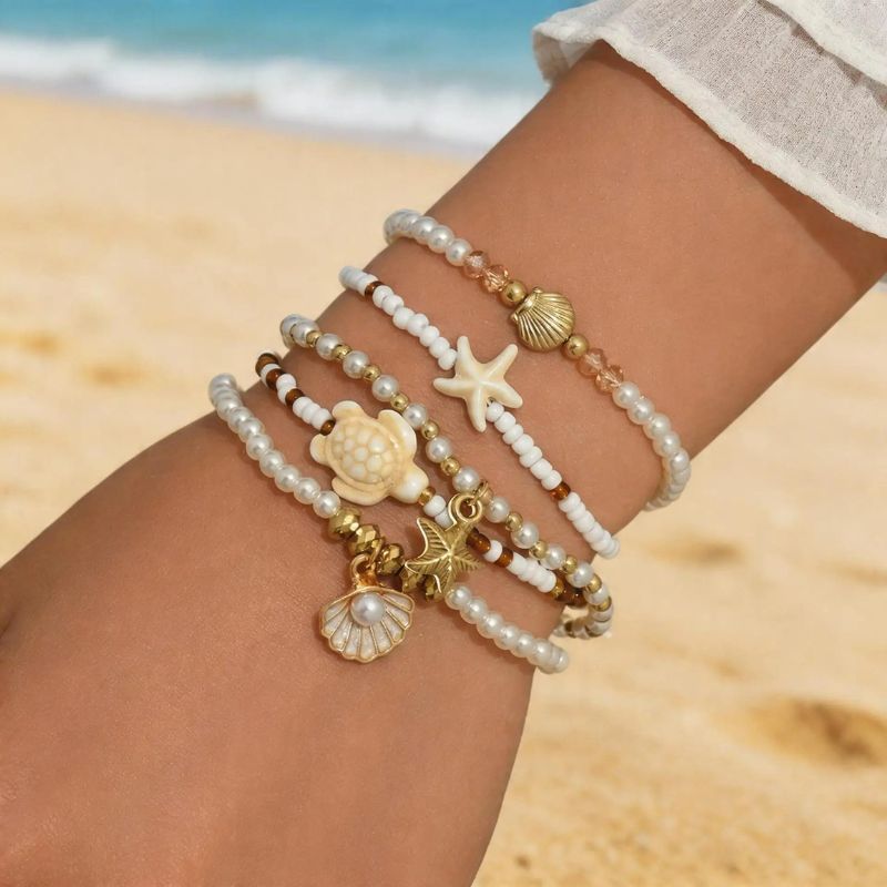 Lot 5 Bracelets Coquillage Femme Tortue Perle Blanche