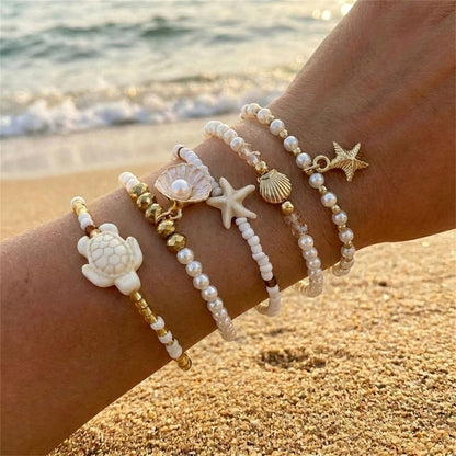 Lot 5 Bracelets Coquillage Femme Tortue Perle Blanche