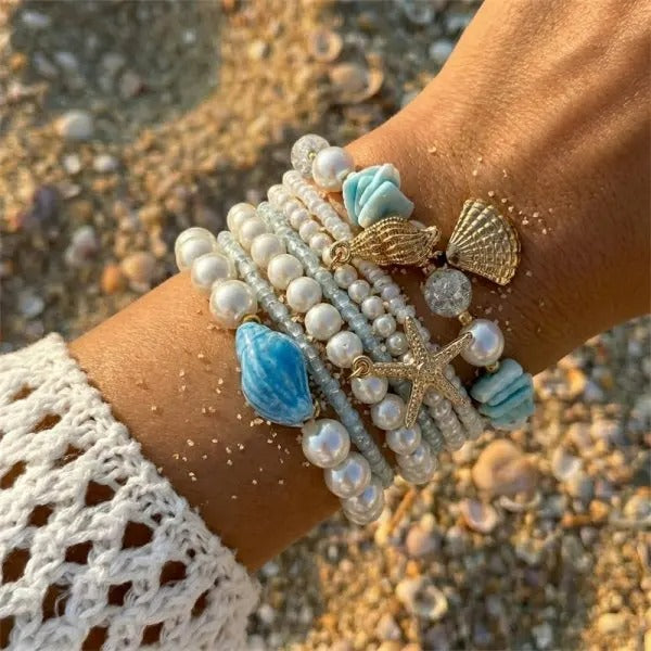 Lot 6 Bracelets Coquillage Femme Bleu Azur Perle