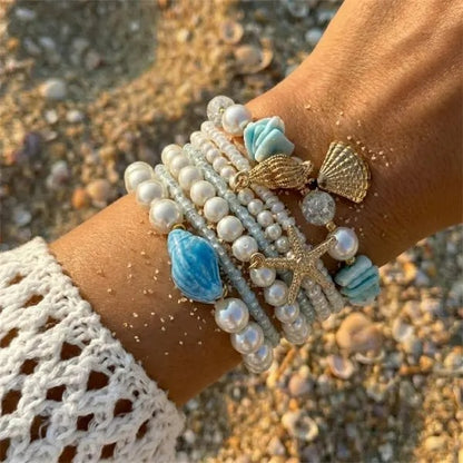 Lot 6 Bracelets Coquillage Femme Bleu Azur Perle