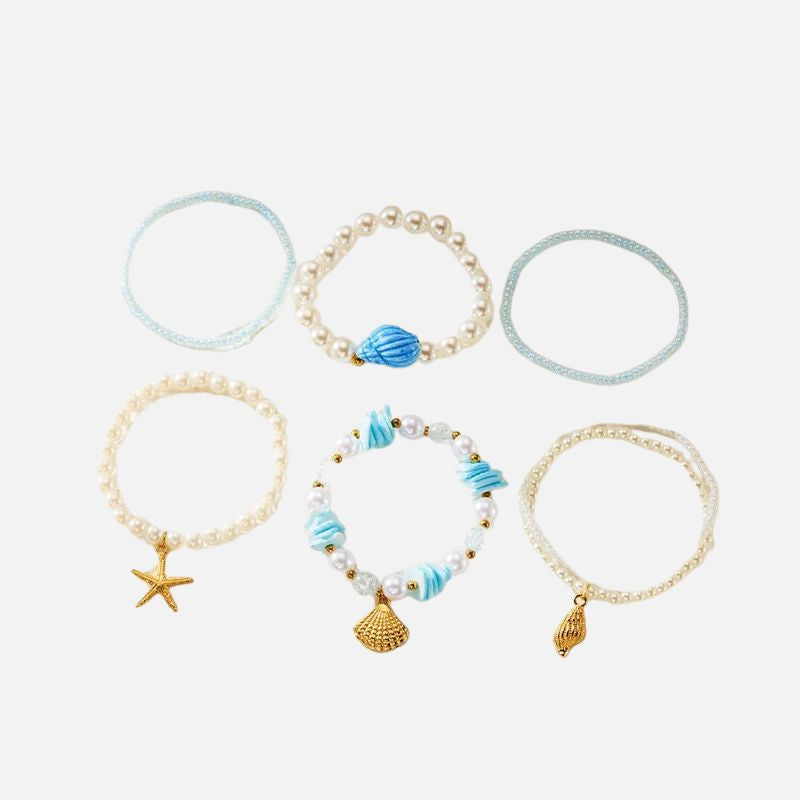 Lot 6 Bracelets Coquillage Femme Bleu Azur Perle