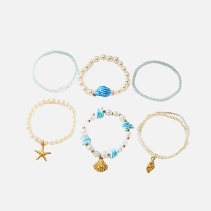 Lot 6 Bracelets Coquillage Femme Bleu Azur Perle