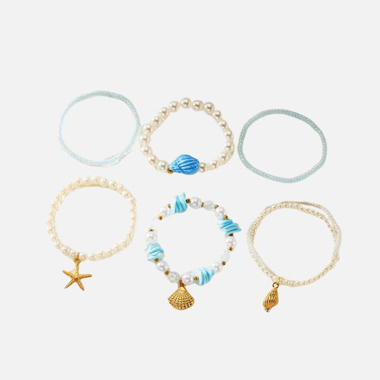 Lot 6 Bracelets Coquillage Femme Bleu Azur Perle