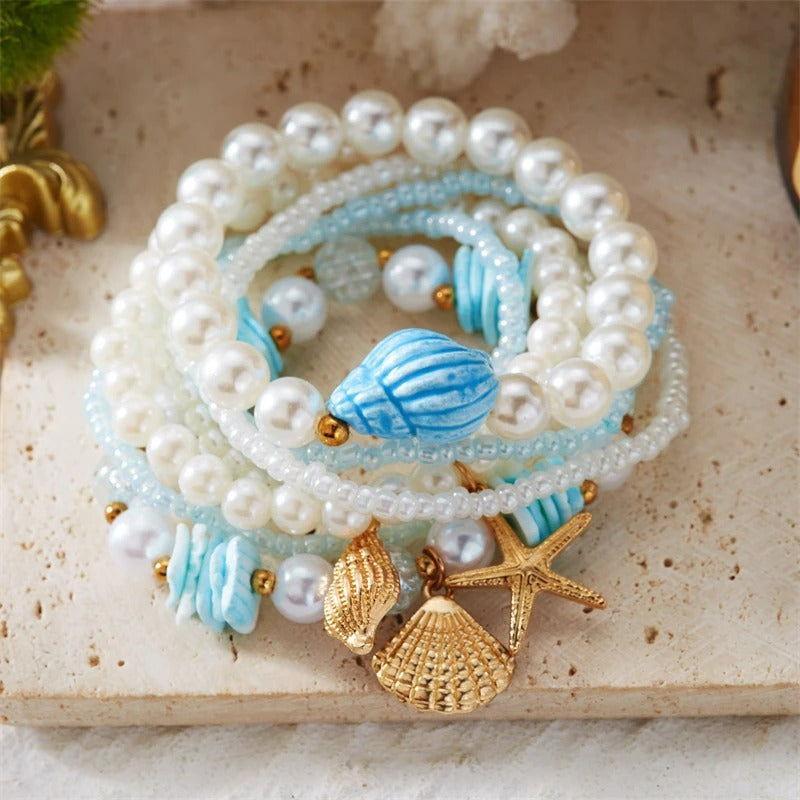 Lot 6 Bracelets Coquillage Femme Bleu Azur Perle