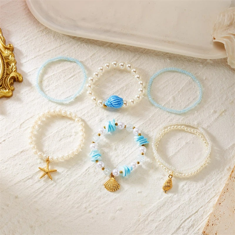Lot 6 Bracelets Coquillage Femme Bleu Azur Perle