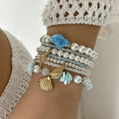 Lot 6 Bracelets Coquillage Femme Bleu Azur Perle