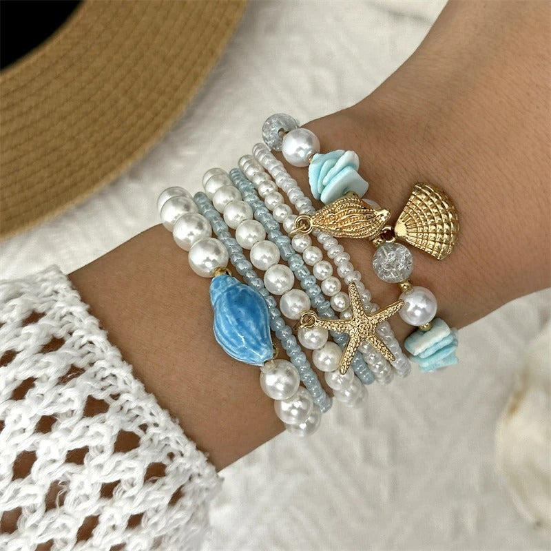Lot 6 Bracelets Coquillage Femme Bleu Azur Perle