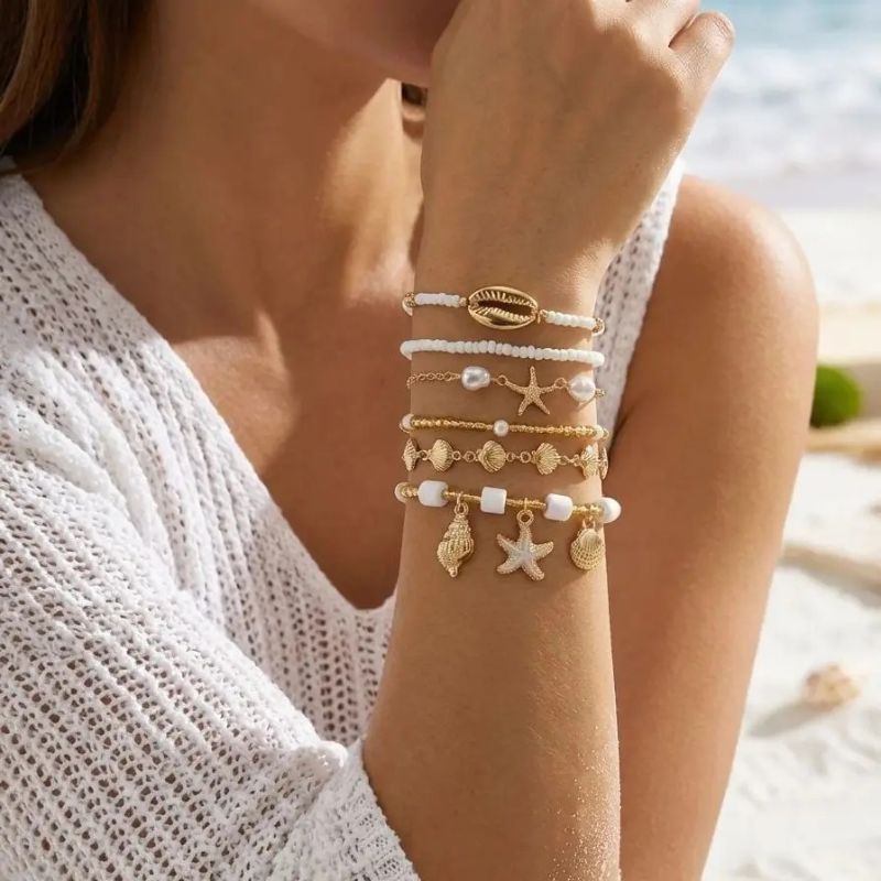 Lot 6 Bracelets Coquillage Femme Étoile De Mer Doré