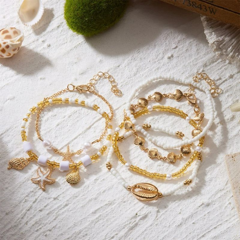 Lot 6 Bracelets Coquillage Femme Étoile De Mer Doré