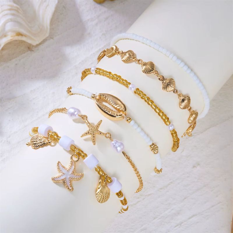 Lot 6 Bracelets Coquillage Femme Étoile De Mer Doré