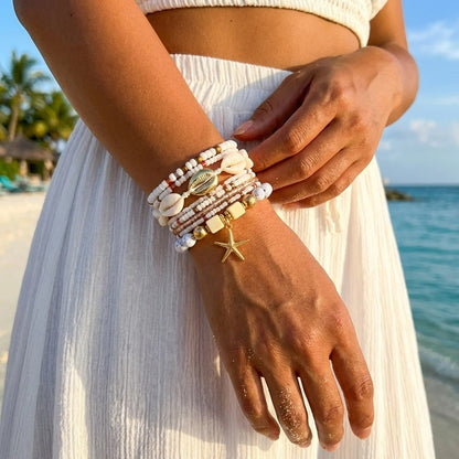 Lot de 8 Bracelet Coquillage Femme Blanc Crème Étoile