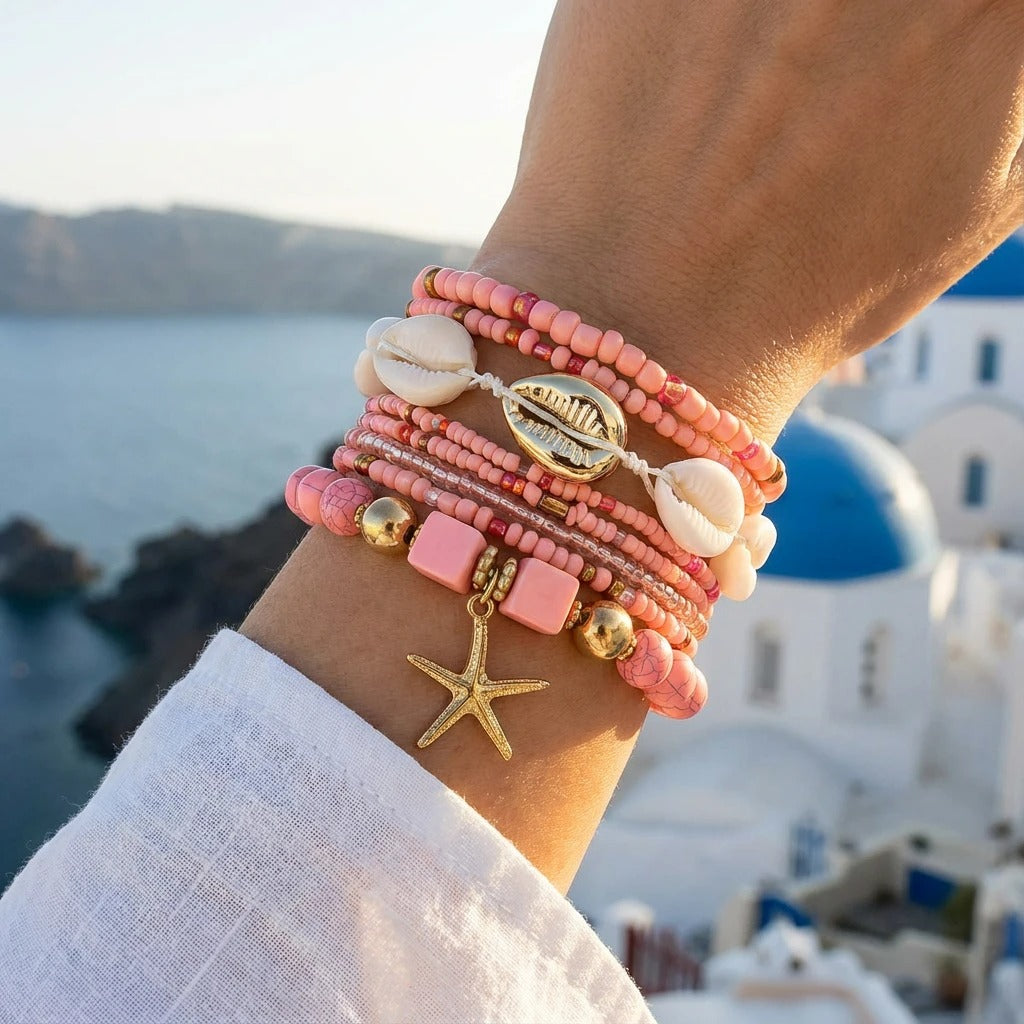 Lot de 8 Bracelet Coquillage Femme Rose Étoile Dorée
