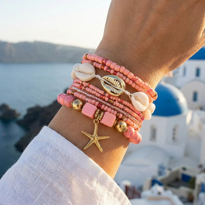 Lot de 8 Bracelet Coquillage Femme Rose Étoile Dorée